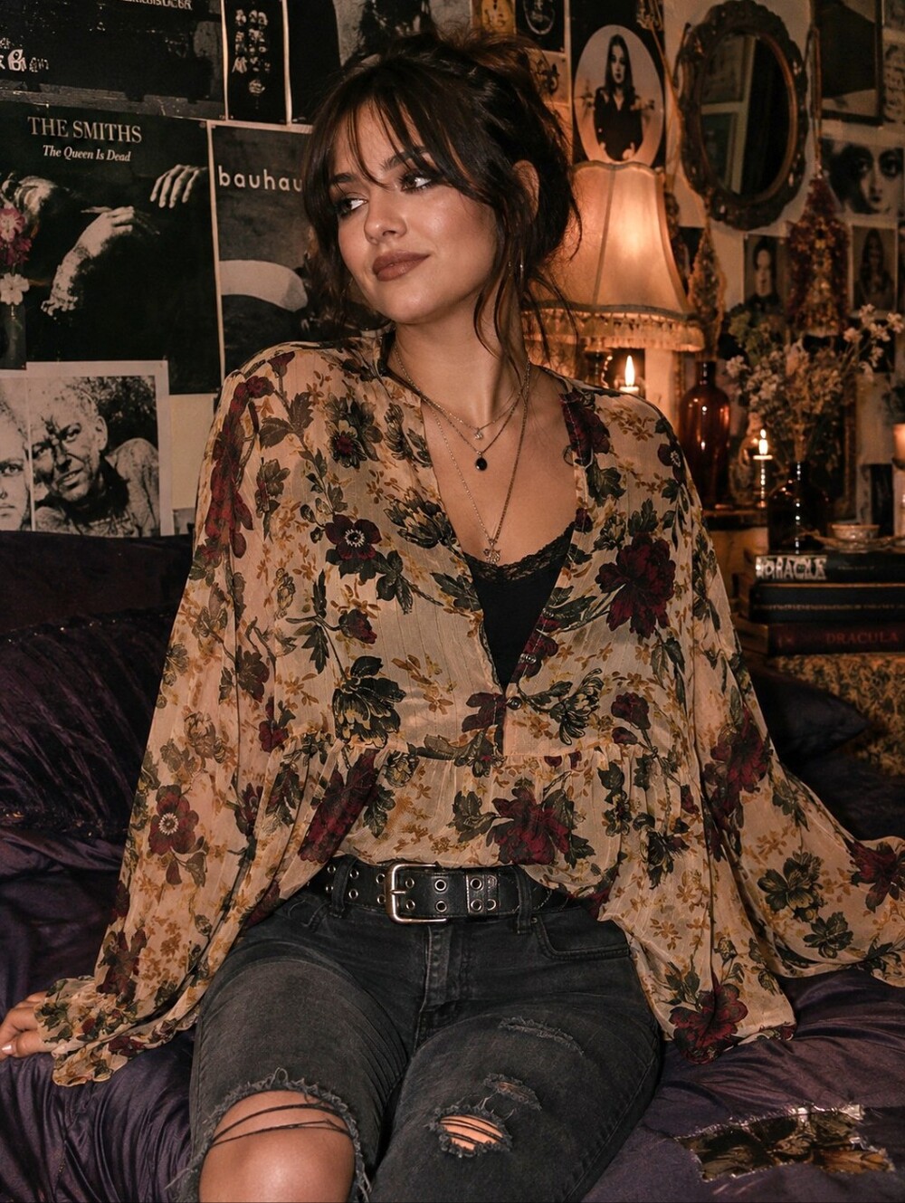 ZARA Sheer Dark Floral Blouse S Feminine Grunge Romantic Goth Whimsigoth Edgy